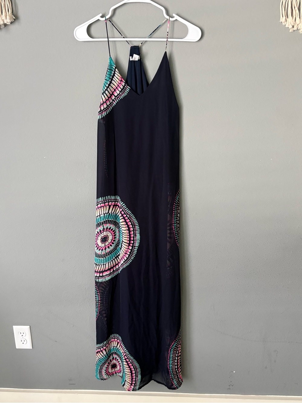 Old Navy Navy Blue Printed Chiffon T-Strap Maxi Dress Women’s Size Medium